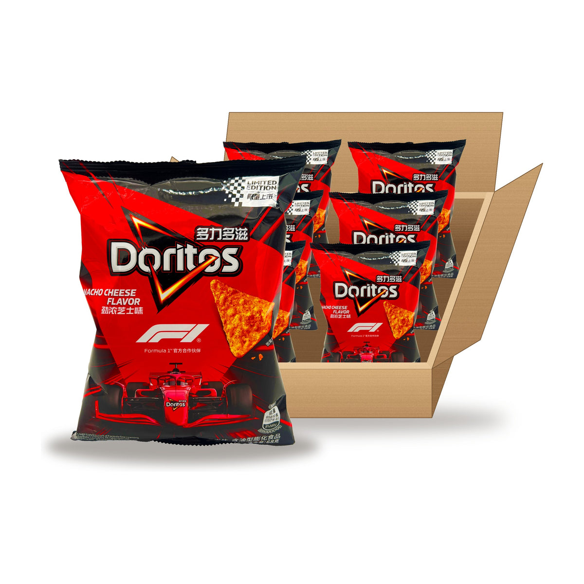 Doritos Nacho Cheese (CHN) 68 g Case: one bag in front of an open case