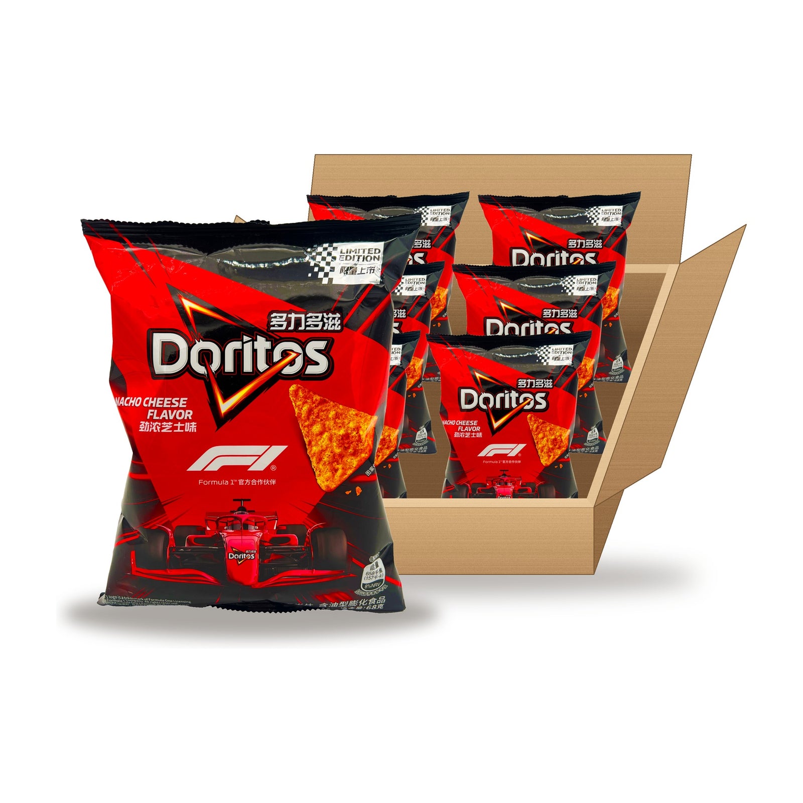 Doritos Nacho Cheese (CHN) 68 g Case: one bag in front of an open case