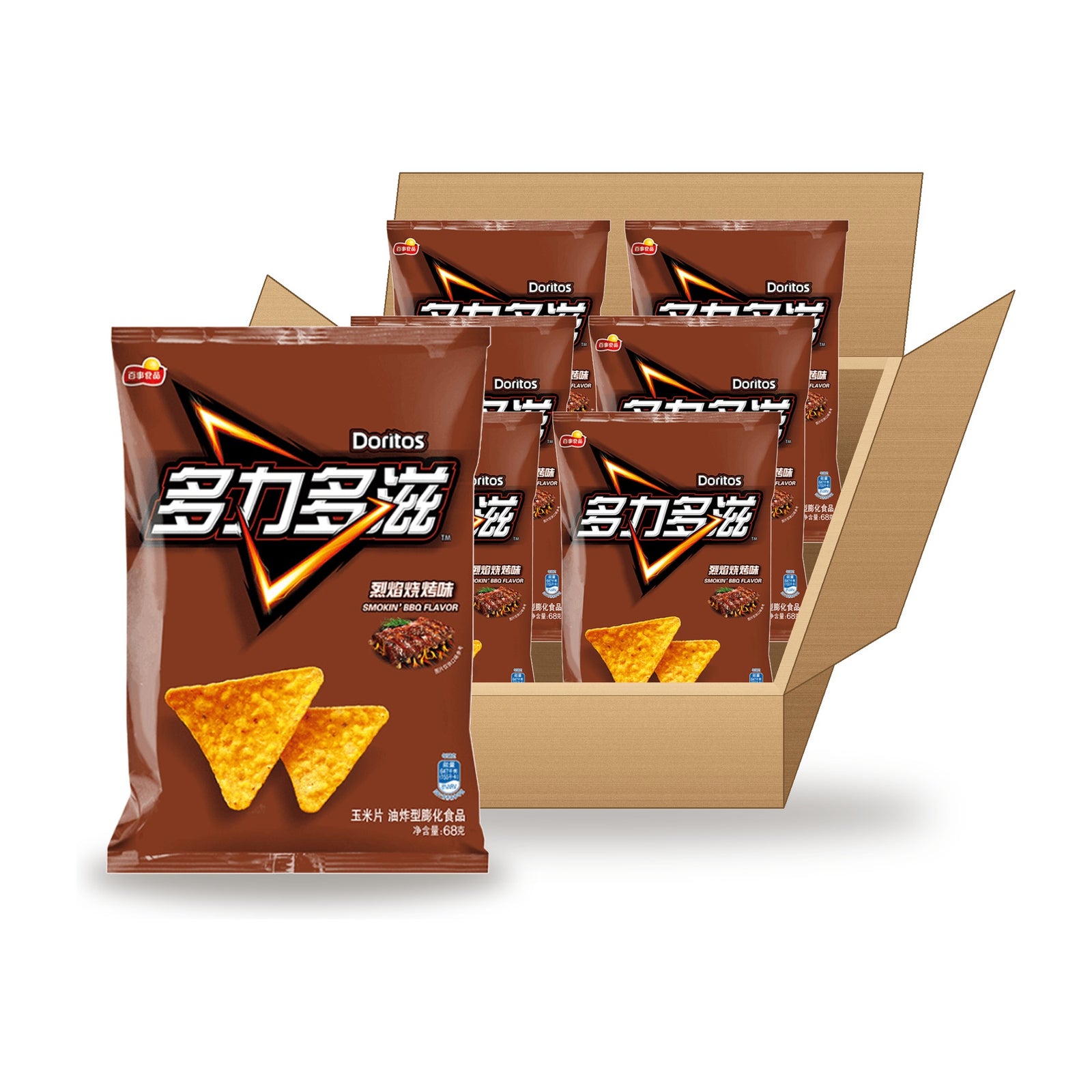 Doritos Smokin BBQ 68 g Case: one bag in front of an open case