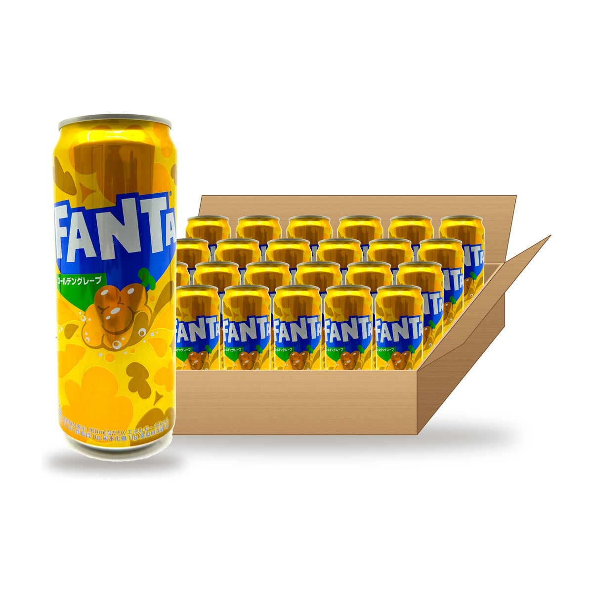 Fanta Golden Grape 500 mL Can, 24 Pack: one can in front of an open case