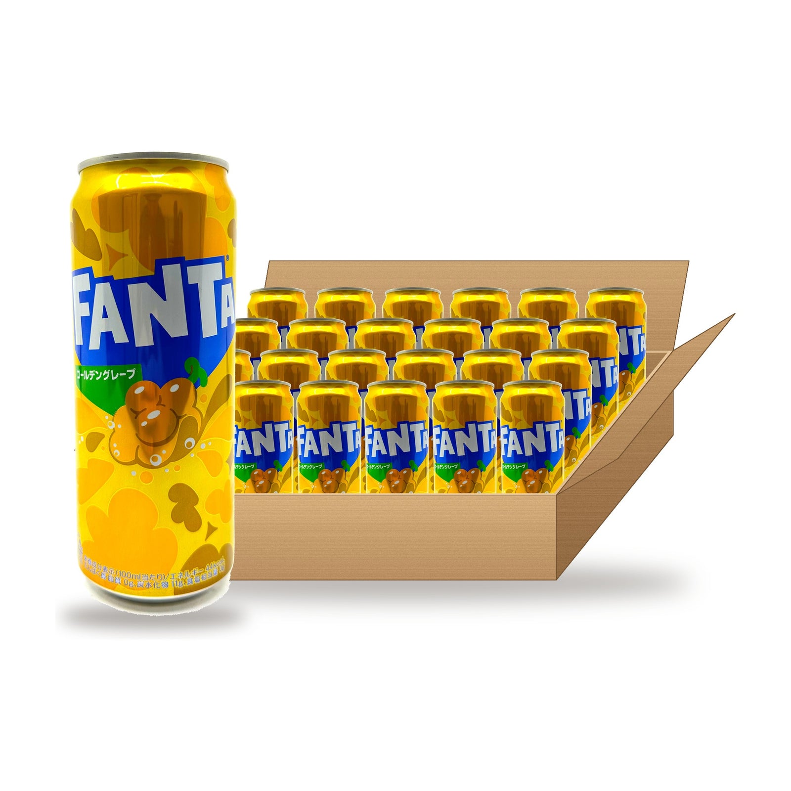Fanta Golden Grape 500 mL Can, 24 Pack: one can in front of an open case