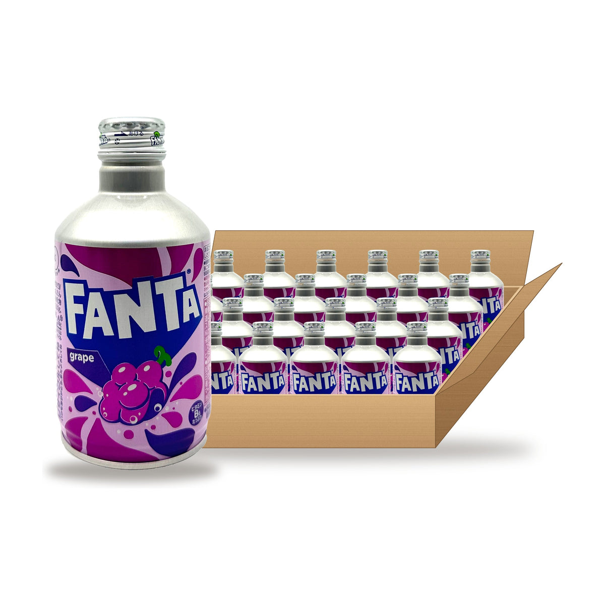 Fanta Grape 300 mL Bottle Can, 24 Pack: one can in front of an open case