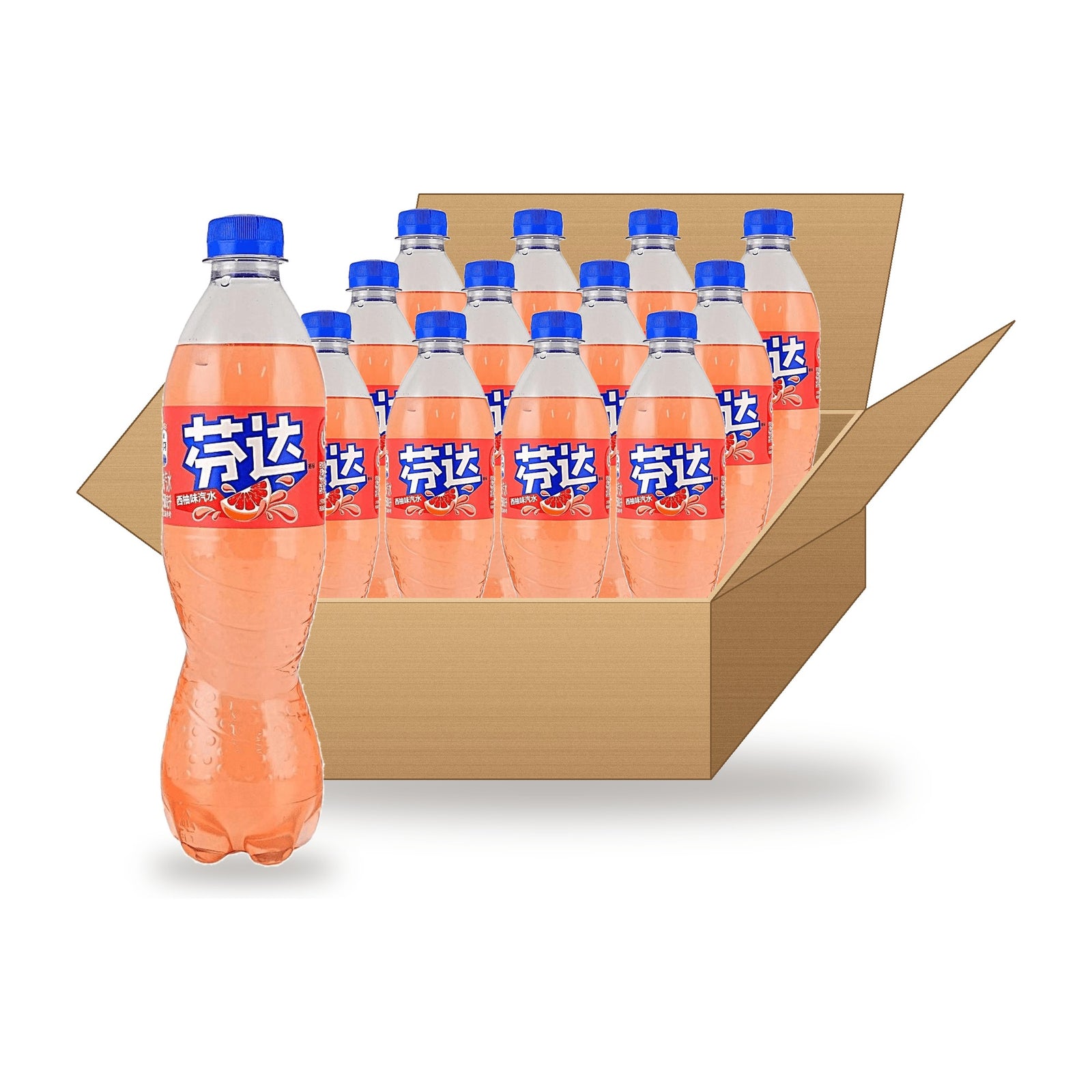 Fanta Grapefruit 500 mL, 12 Pack: one bottle in front of an open case