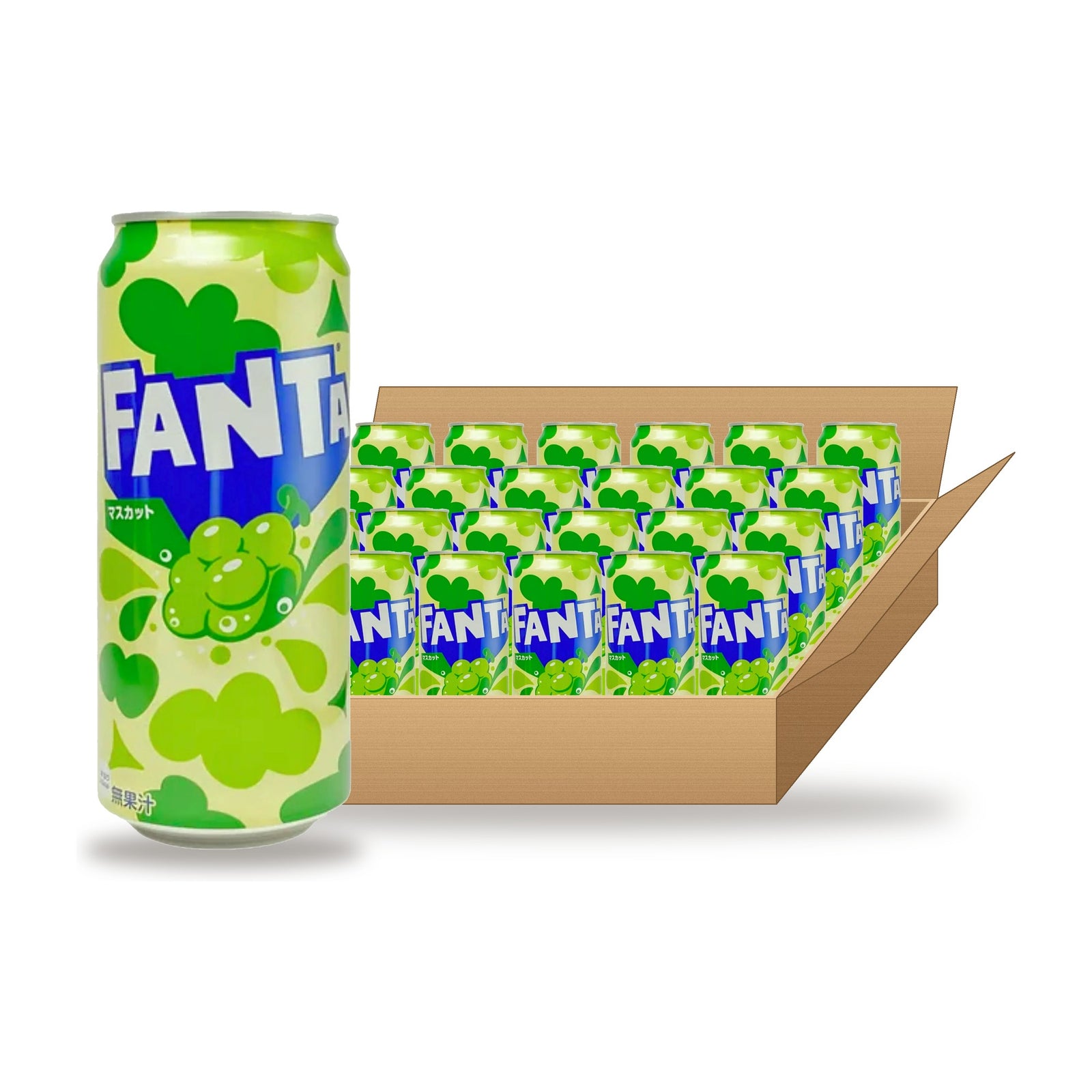 Fanta Muscat Grape 500 mL Can, 24 Pack: one can in front of an open case