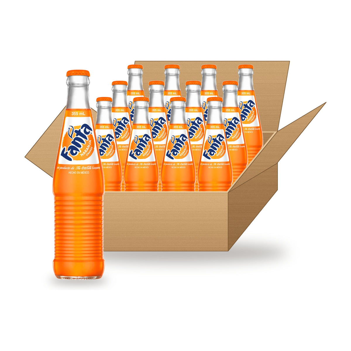 Fanta Orange (Mexico) 355 mL Case: one glass bottle in front of an open case