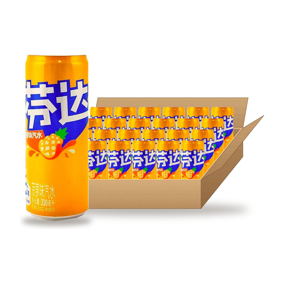 Fanta Pineapple 330 mL, 24 Pack: one can in front of an open case