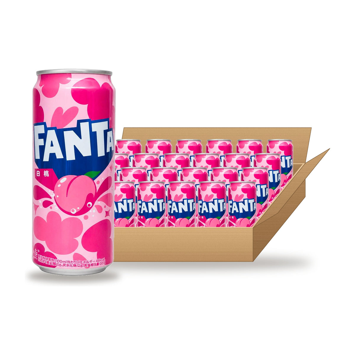 Fanta White Peach 500 mL Can, 24 Pack: one can in front of an open case
