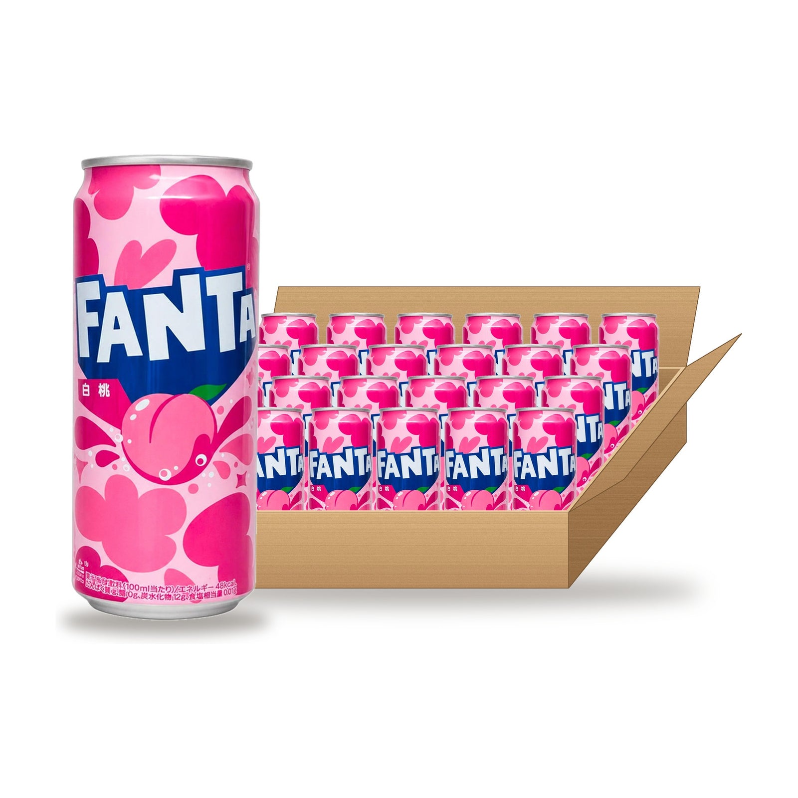 Fanta White Peach 500 mL Can, 24 Pack: one can in front of an open case