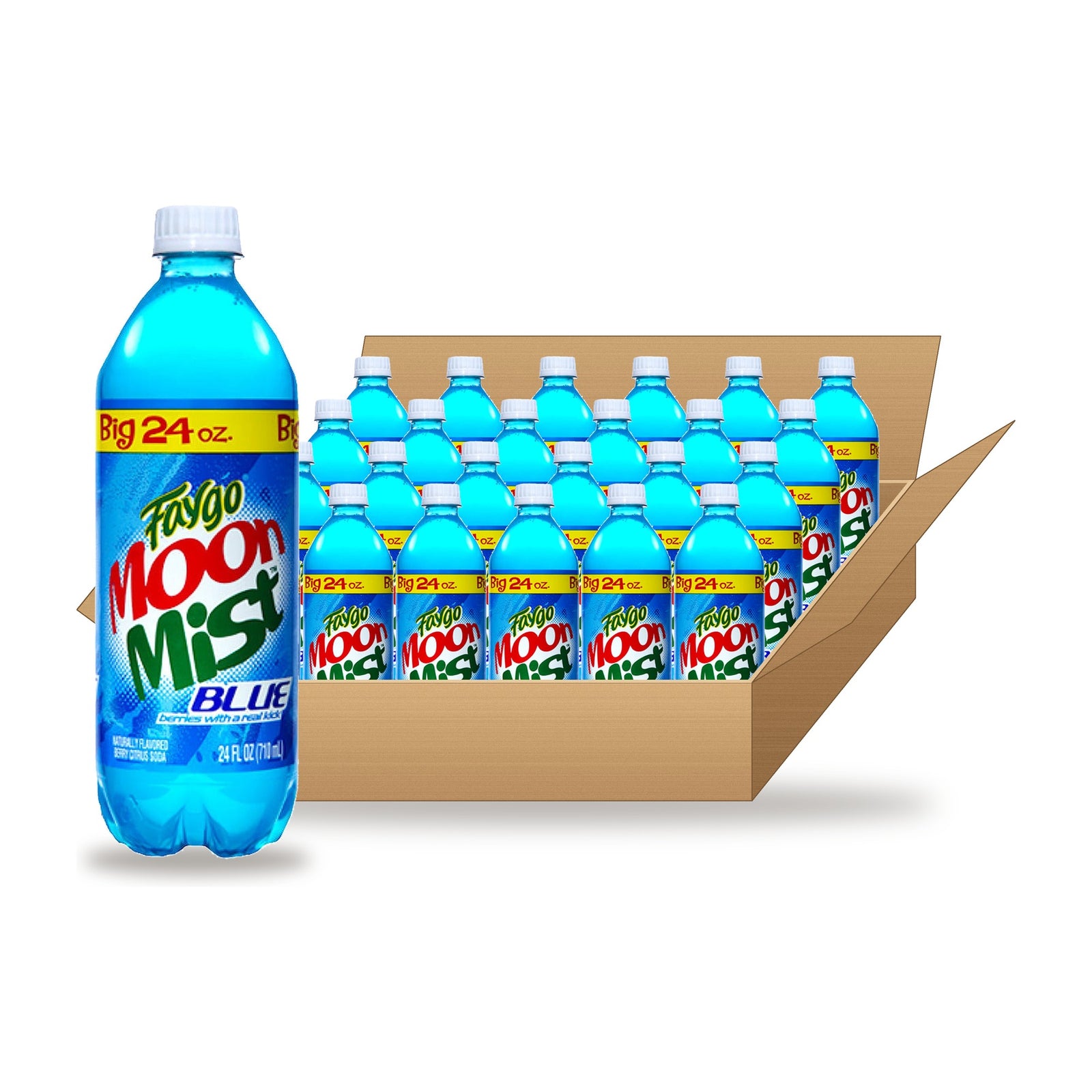 Faygo Moon Mist Blue 24 oz, 24 Pack: one bottle in front of an open case