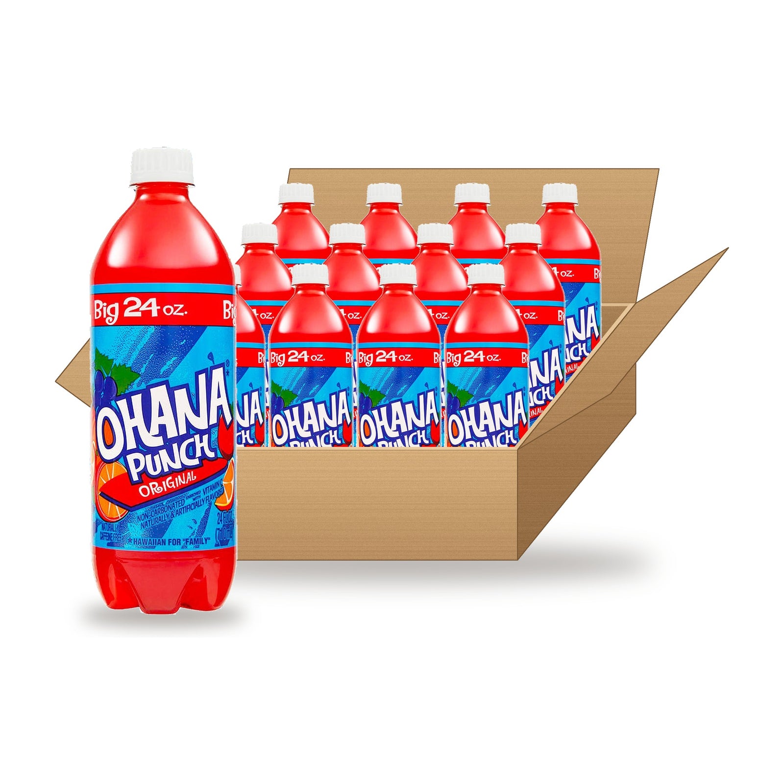 Faygo Ohana Punch 24 oz Case: one bottle in front of an open case
