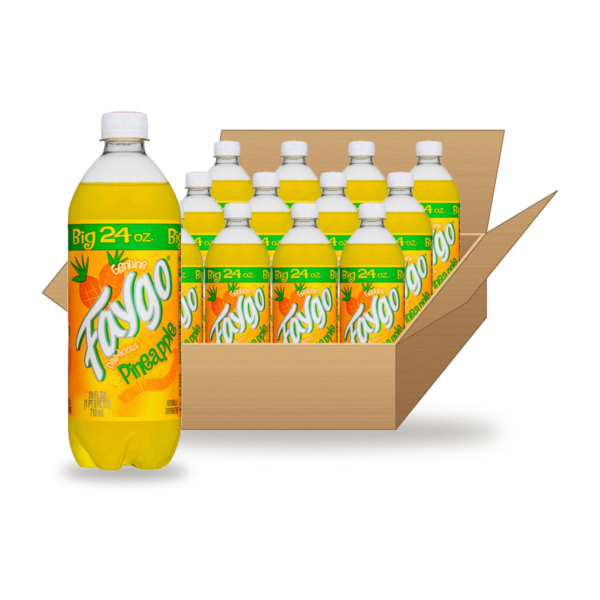 Faygo Pineapple 24 oz Case: one plastic bottle in front of an open case