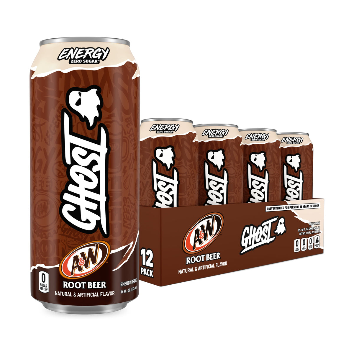 Ghost Energy Zero Sugar A&W Root Beer 16 fl oz (473 mL) cans, 12 pack