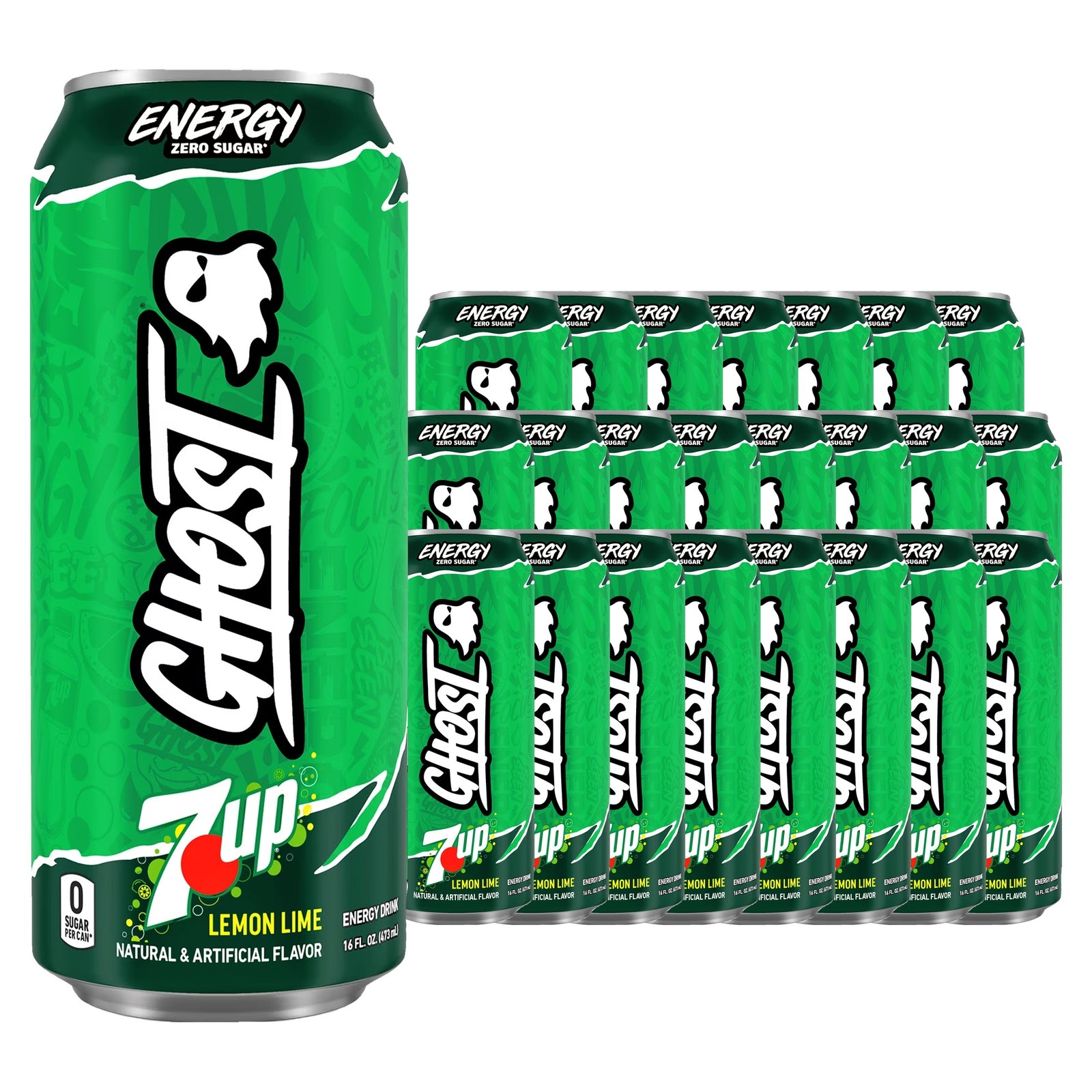 Ghost Energy Zero Sugar 7up Lemon Lime 16 oz case pack shot