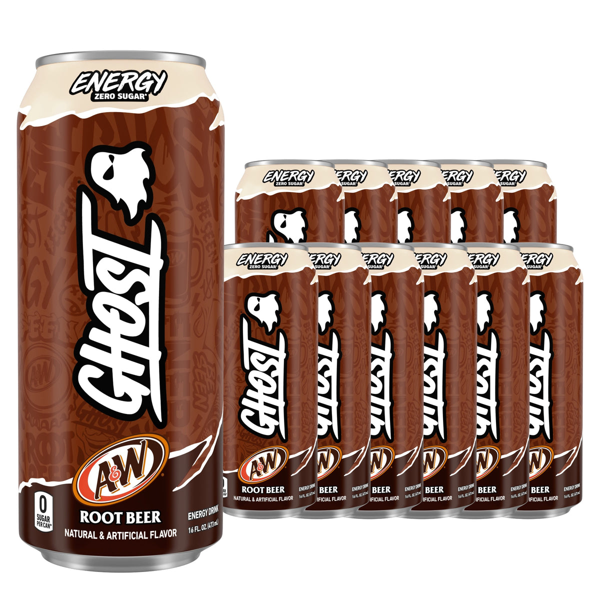 Ghost Energy Zero Sugar A&W Root Beer 16 fl oz (473 mL) cans, 12 pack