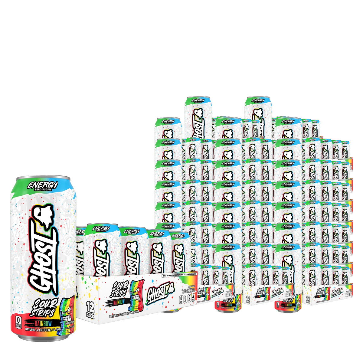 Ghost Energy Zero Sugar Sour Strips Rainbow 16 oz case pack shot