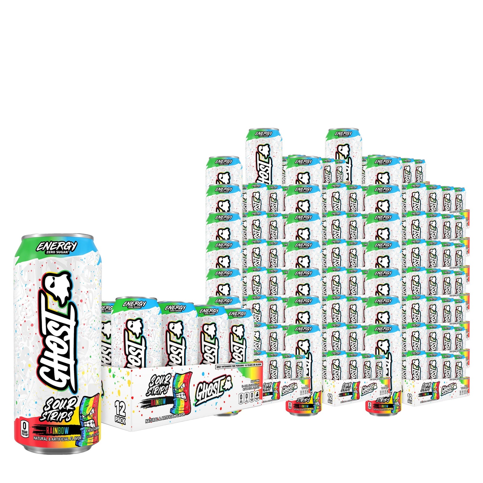 Ghost Energy Zero Sugar Sour Strips Rainbow 16 oz Case 12 Pack