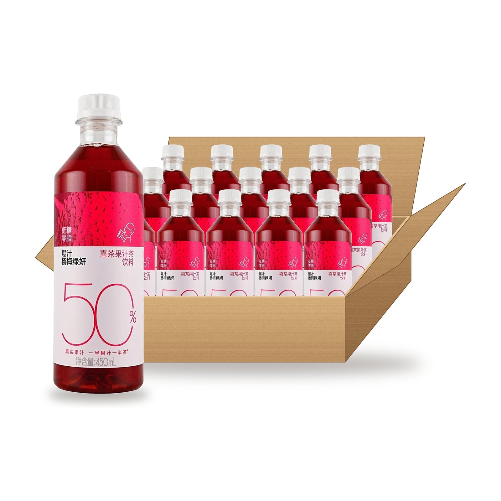 Heytea Bayberry 50% Green Tea 450 mL Case: one bottle in front of an open case