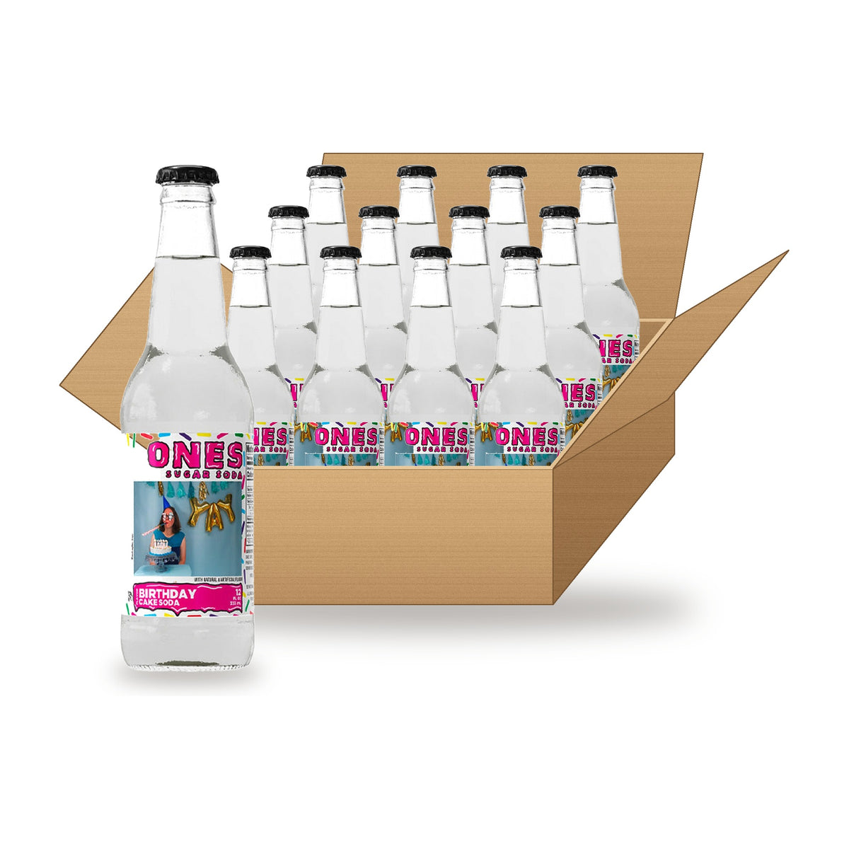 Jones Birthday Cake 12 oz Case: one glass bottle in front of an open case