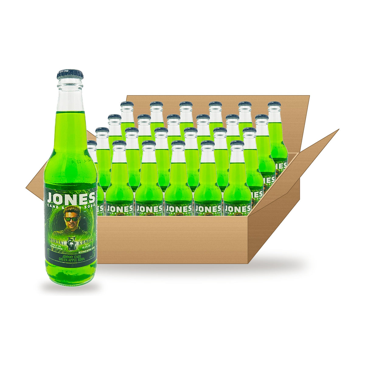 Jones Soda Johnny Cage Green Apple 12 oz, 24 Pack: one glass bottle in front of an open case