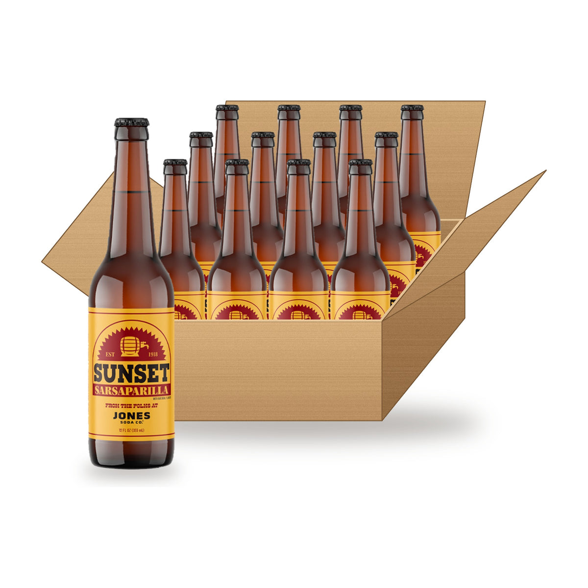 Jones Soda Sunset Sarsaparilla 12 oz, 12 Pack: one glass bottle in front of an open case