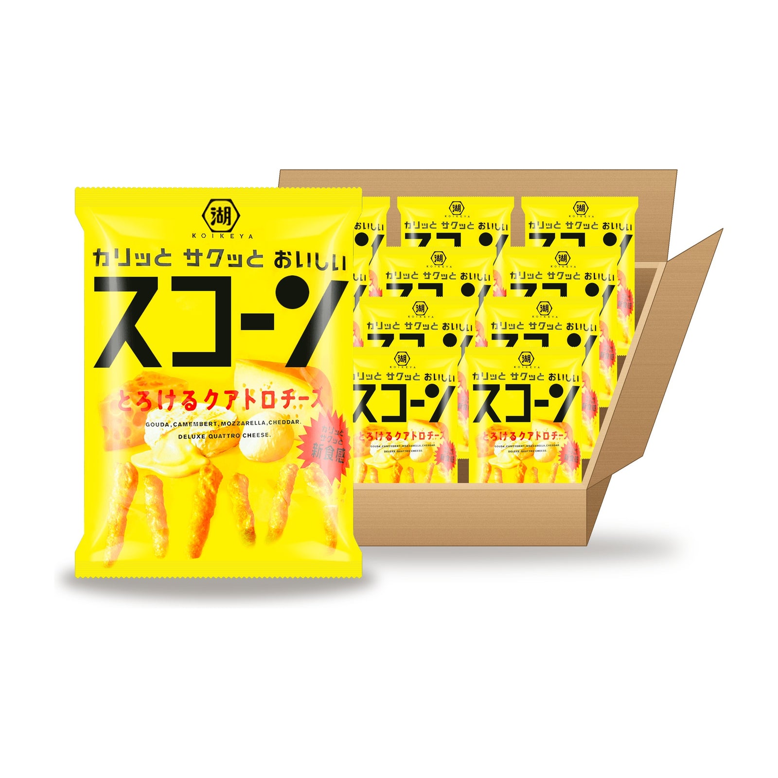 Koikeya Quattro Cheese Corn Puffs 78 g Case: one bag in front of an open case