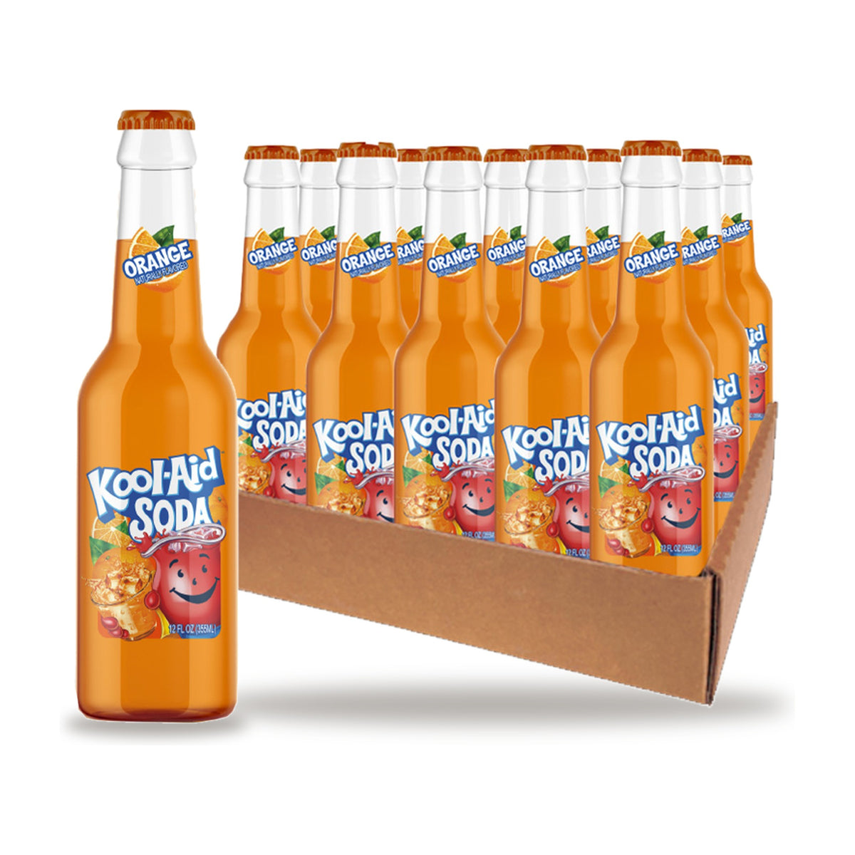 Kool Aid Orange 12 oz Case: one glass bottle in front of an open case