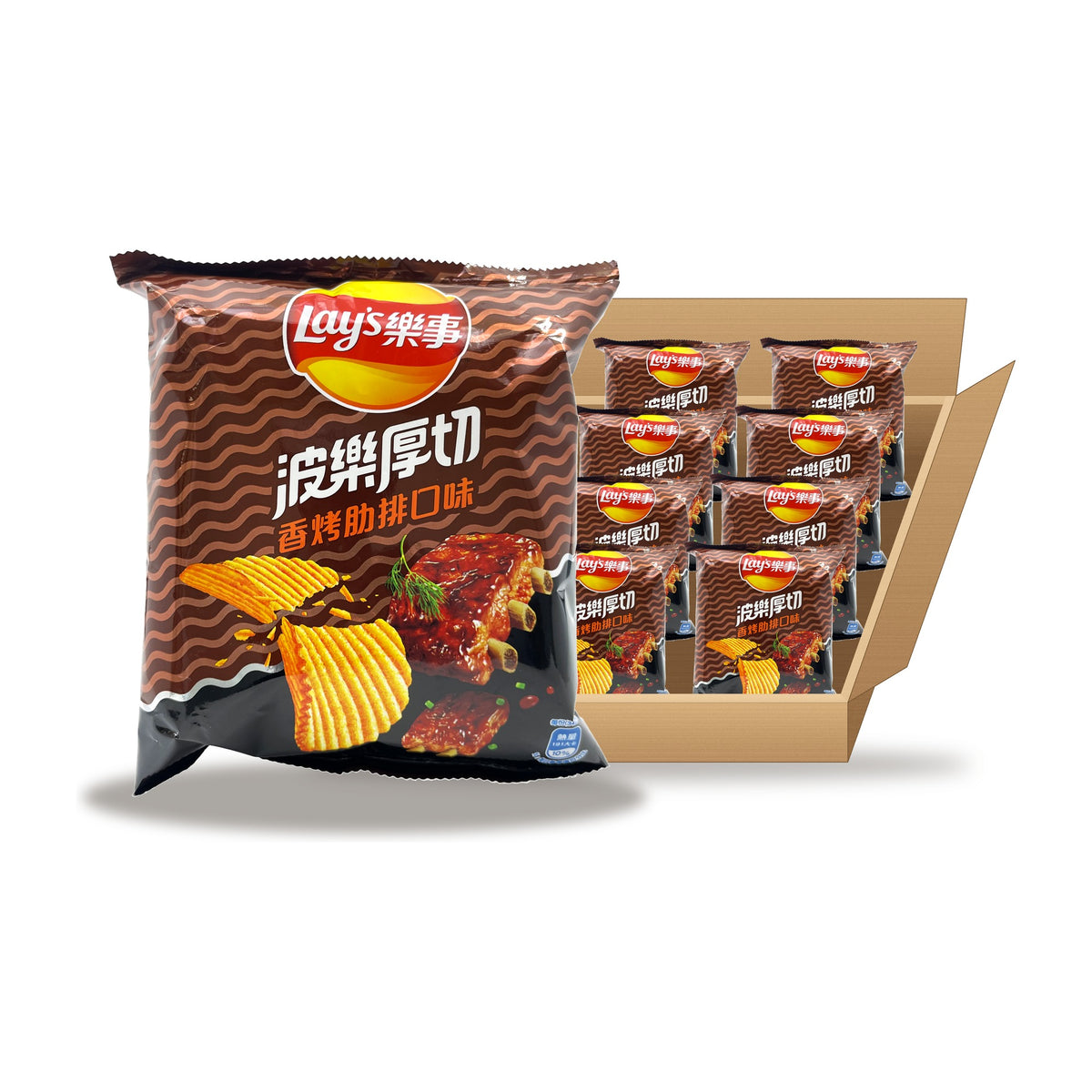 Lay's BBQ Grilled Short Ribs 34 g Case: one bag in front of an open case