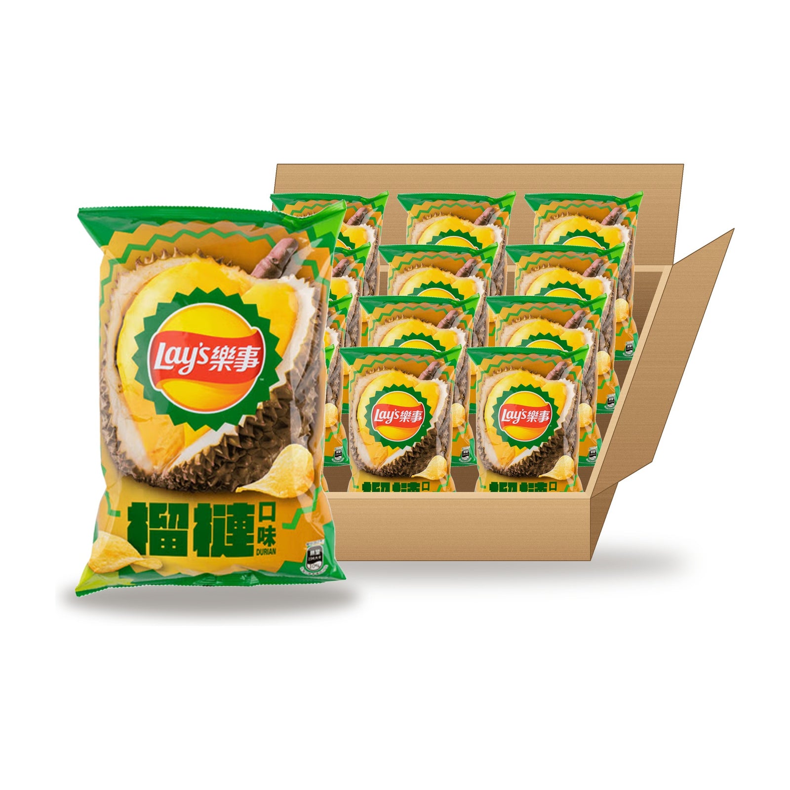 Lay's Durian 70 g Case: one bag in front of an open case