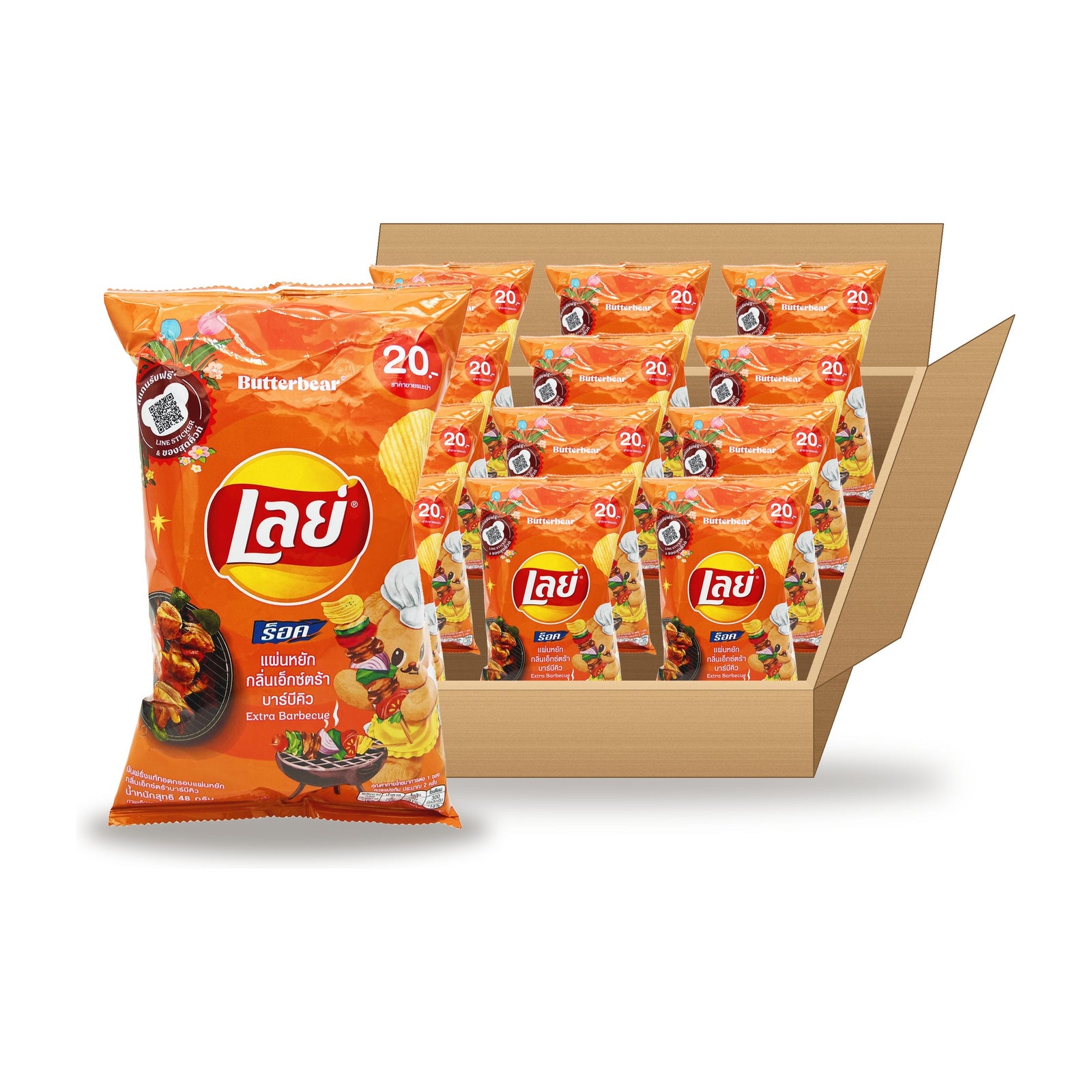 Lay's Extra BBQ 48 g Case: one bag in front of an open case