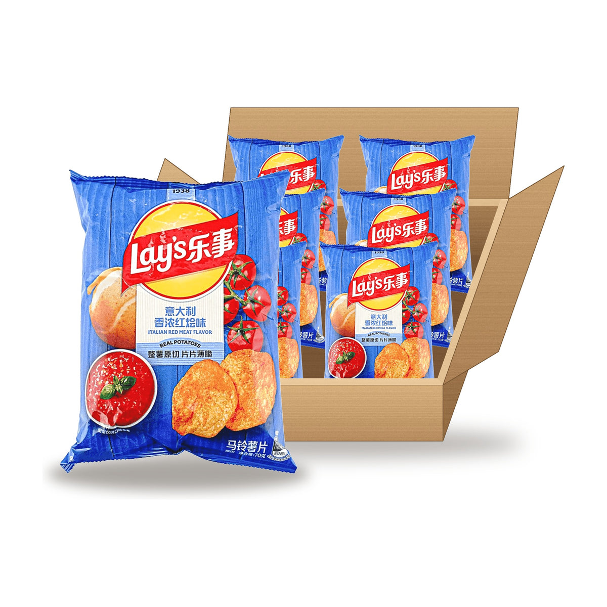 Lay's Italian Red Meat 70 g Case: one bag in front of an open case