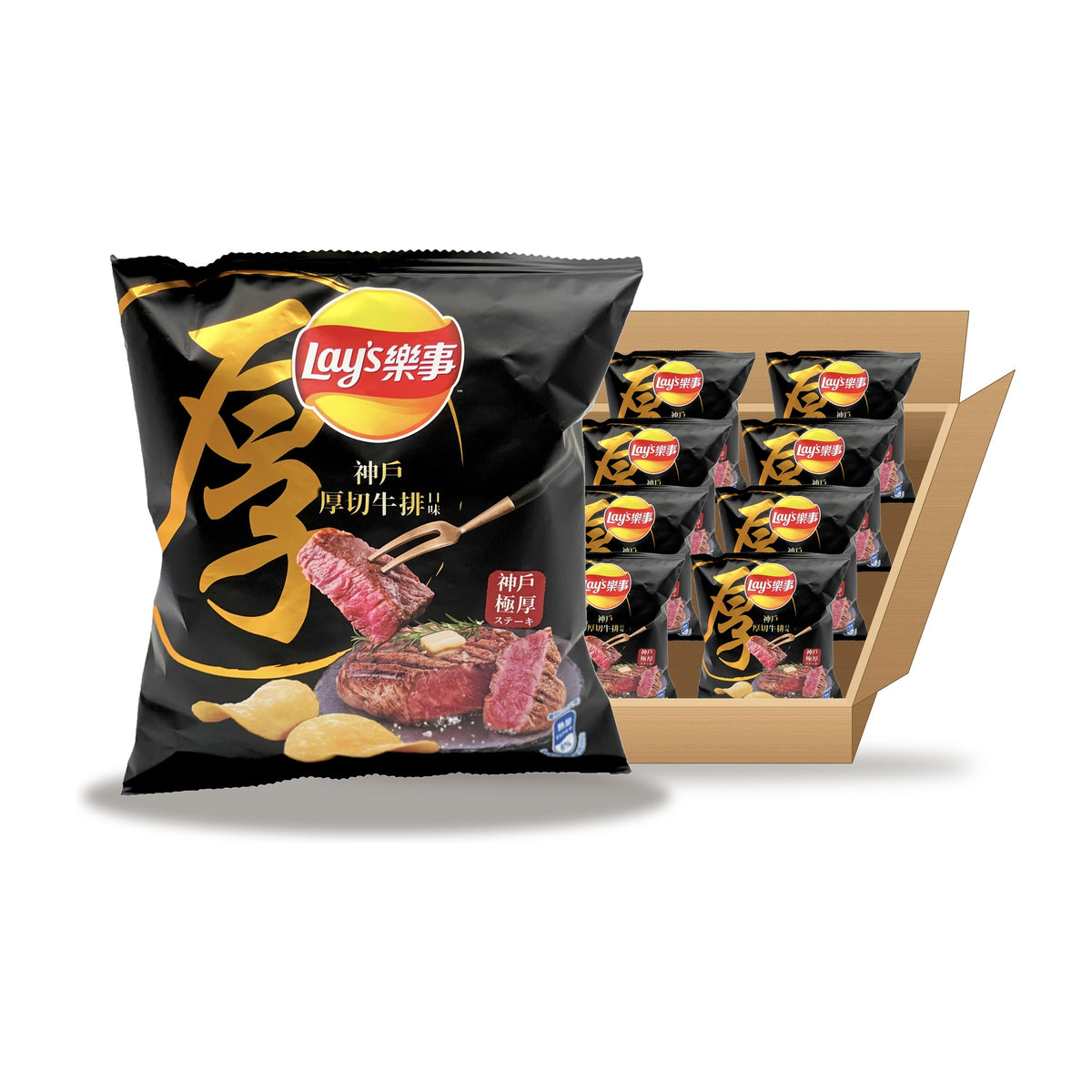 Lay's Kobe Steak 34 g Case: one bag in front of an open case