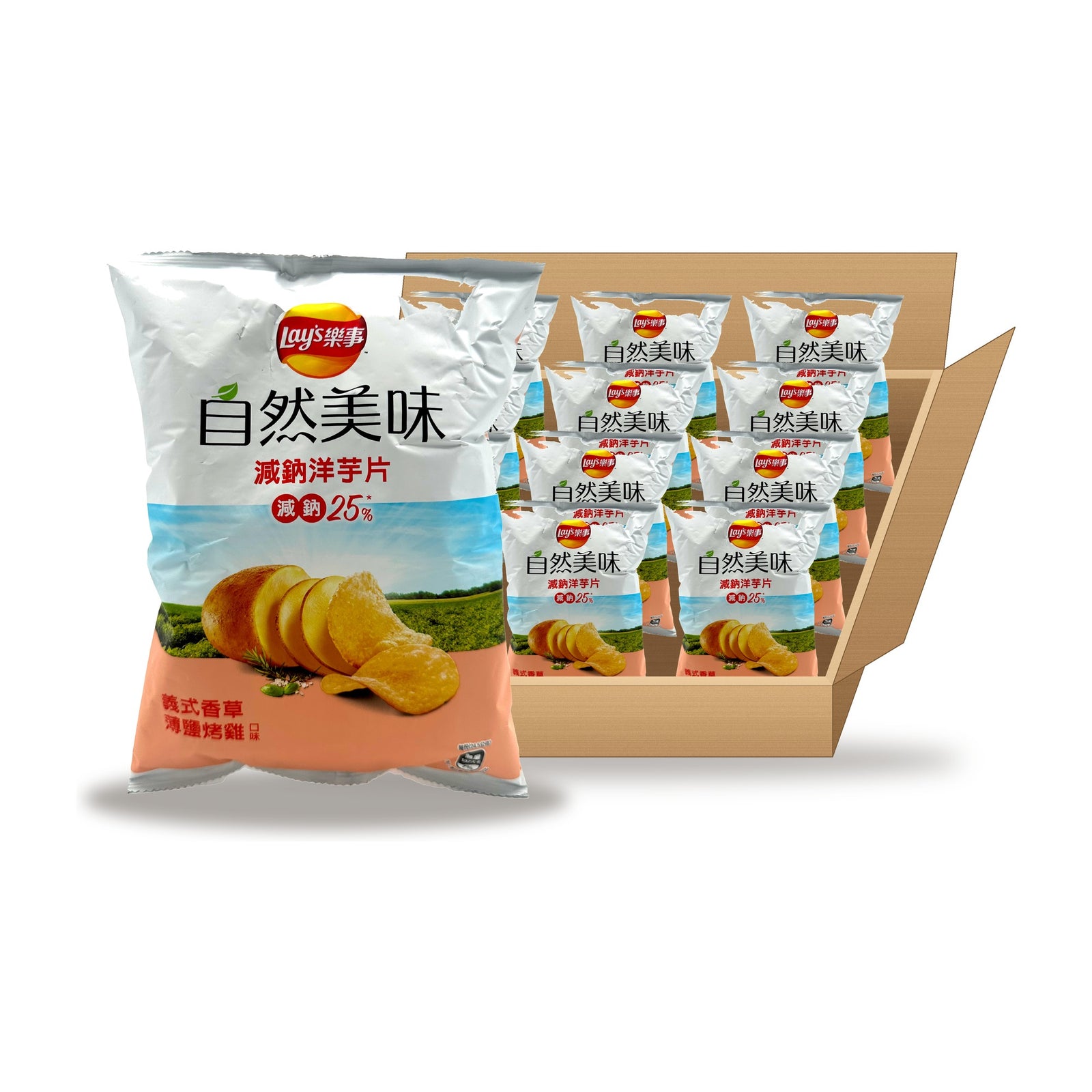 Lay's Lightly Salted Italian Herb Chicken 49 g Case: one bag in front of an open case
