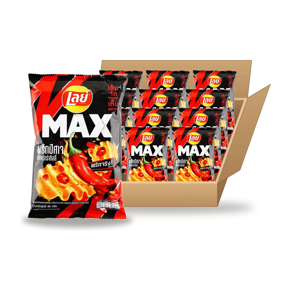 Lay's Max Ghost Pepper 44 g Case: one bag in front of an open case