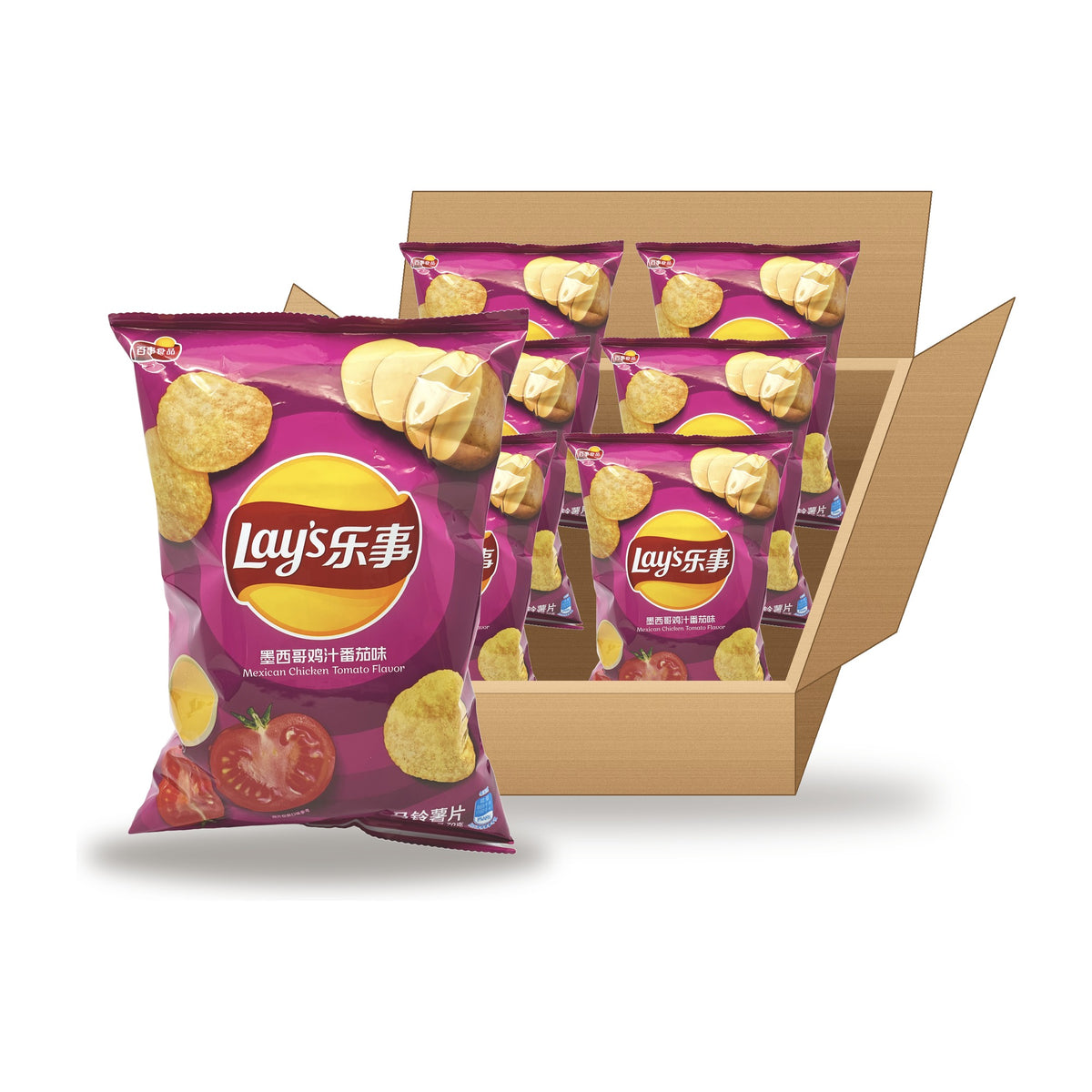Lay's Mexican Chicken &amp; Tomato 70 g Case: one bag in front of an open case