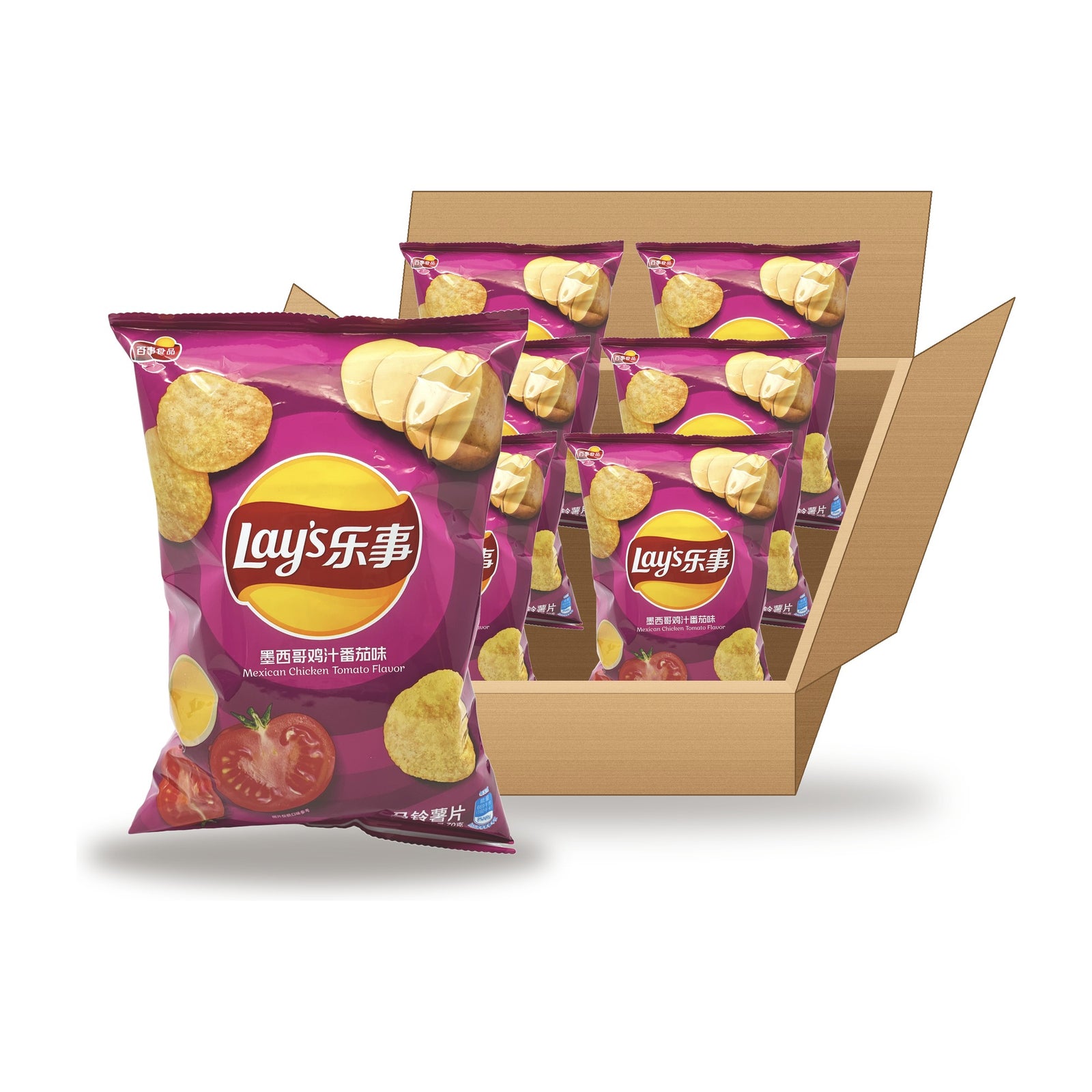 Lay's Mexican Chicken & Tomato 70 g Case: one bag in front of an open case