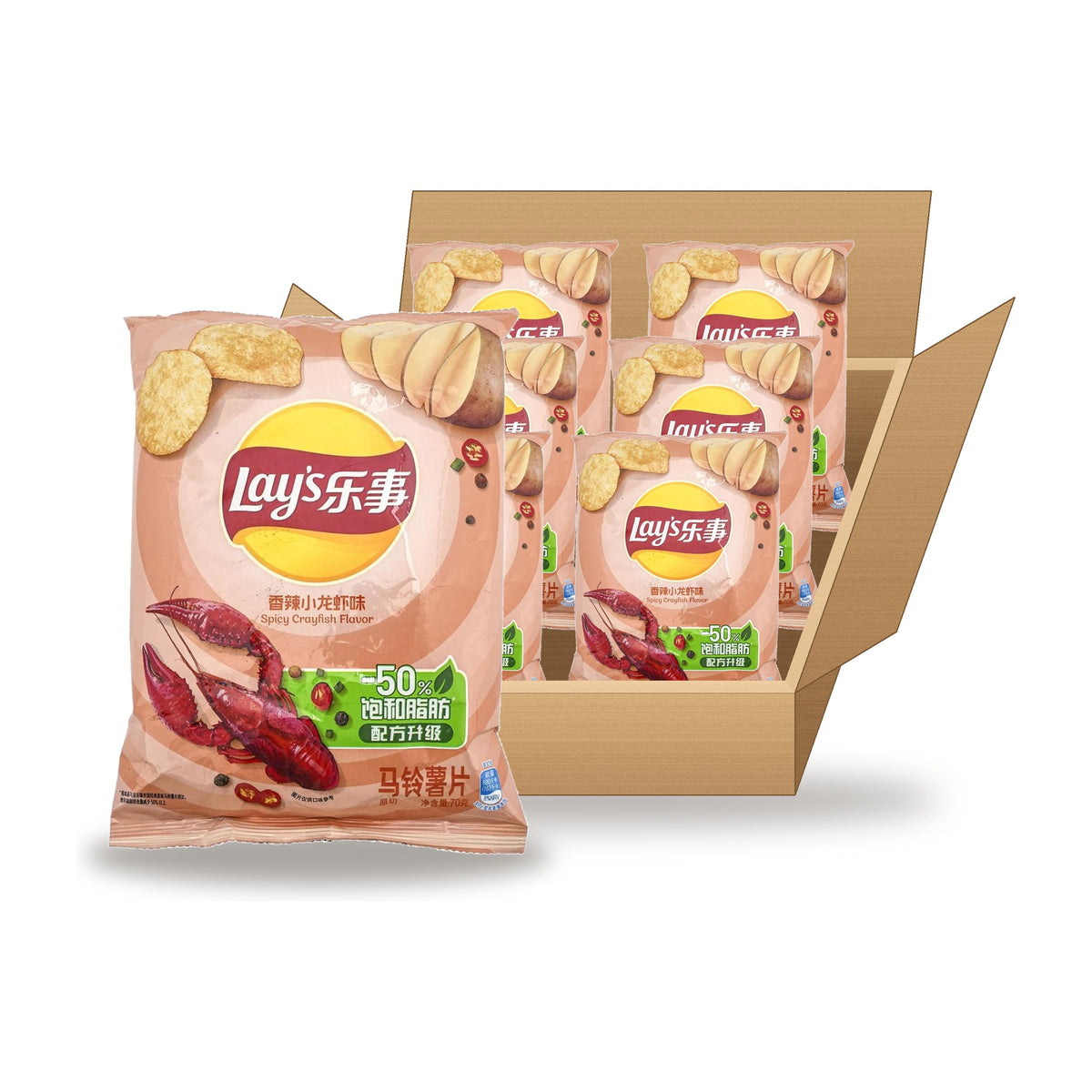 Lay's Spicy Crawfish 70 g Case: one bag in front of an open case