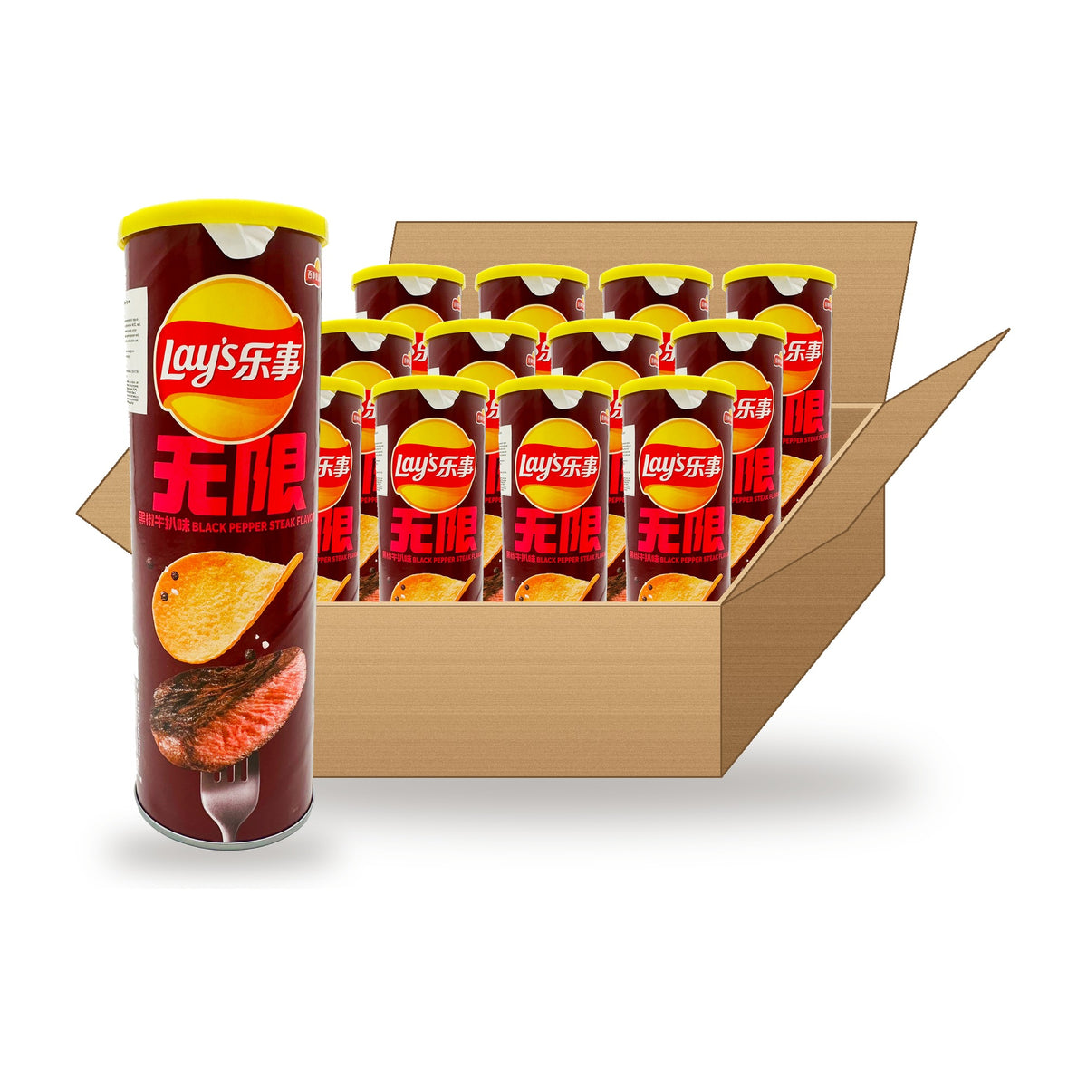 Lay's Stax Black Pepper Steak 90 g Case: one canister in front of an open case