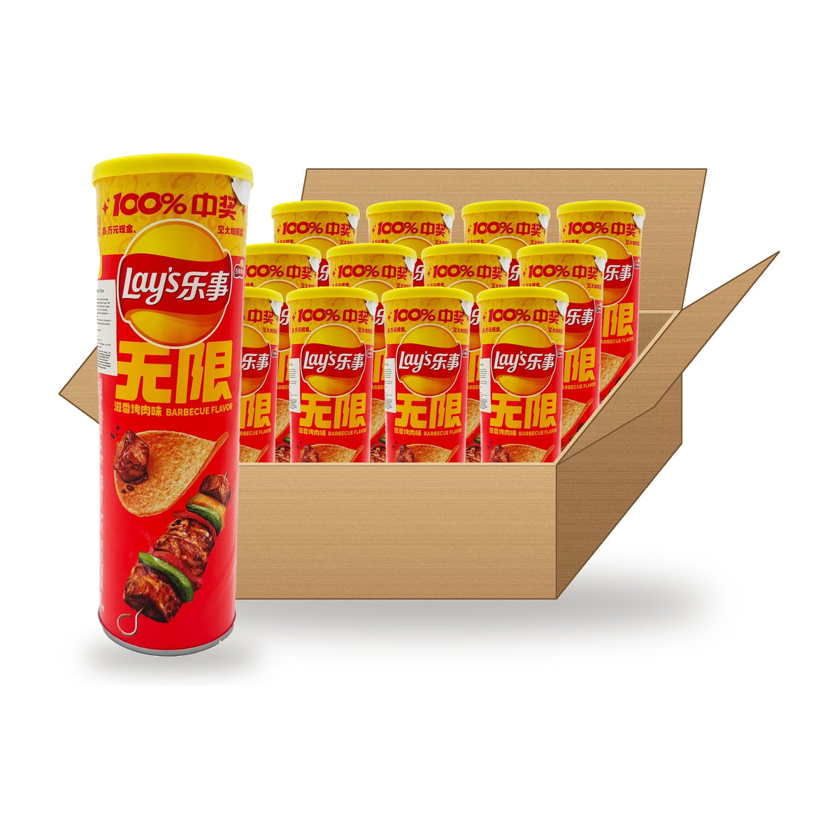 Lay's Stax Sizzle BBQ 90 g Case: one canister in front of an open case