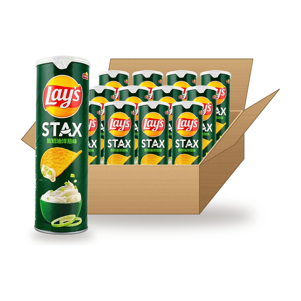 Lay's Stax Sour Cream &amp; Onion 90 g, 15 Pack: one canister in front of an open case