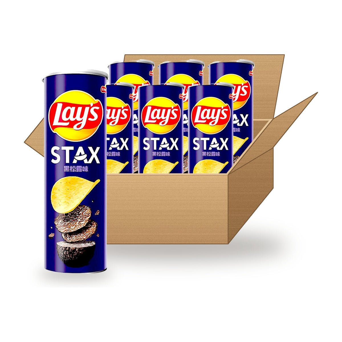 Lay's Stax Truffle Black Pepper 90 g Case: one canister in front of an open case