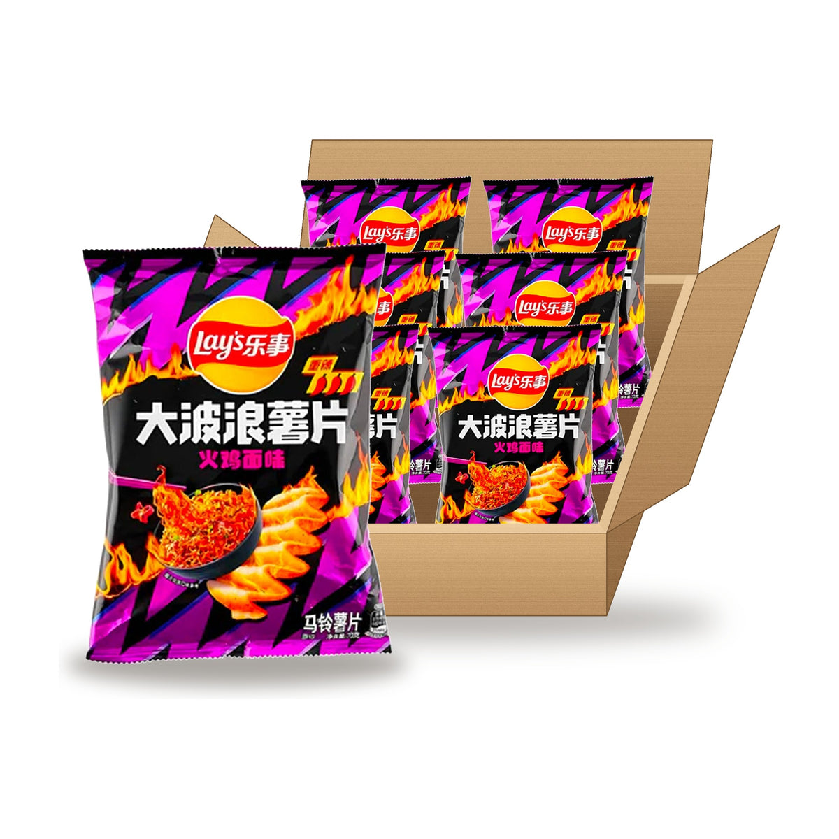 Lay's Wavy Buldak Spicy Chicken Ramen 70 g Case: one bag in front of an open case