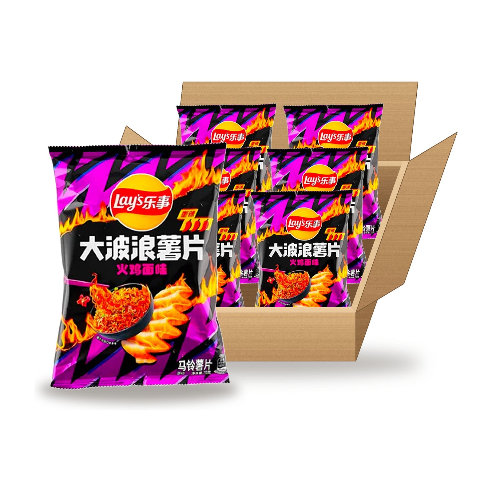 Lay's Wavy Buldak Spicy Chicken Ramen 70 g Case: one bag in front of an open case