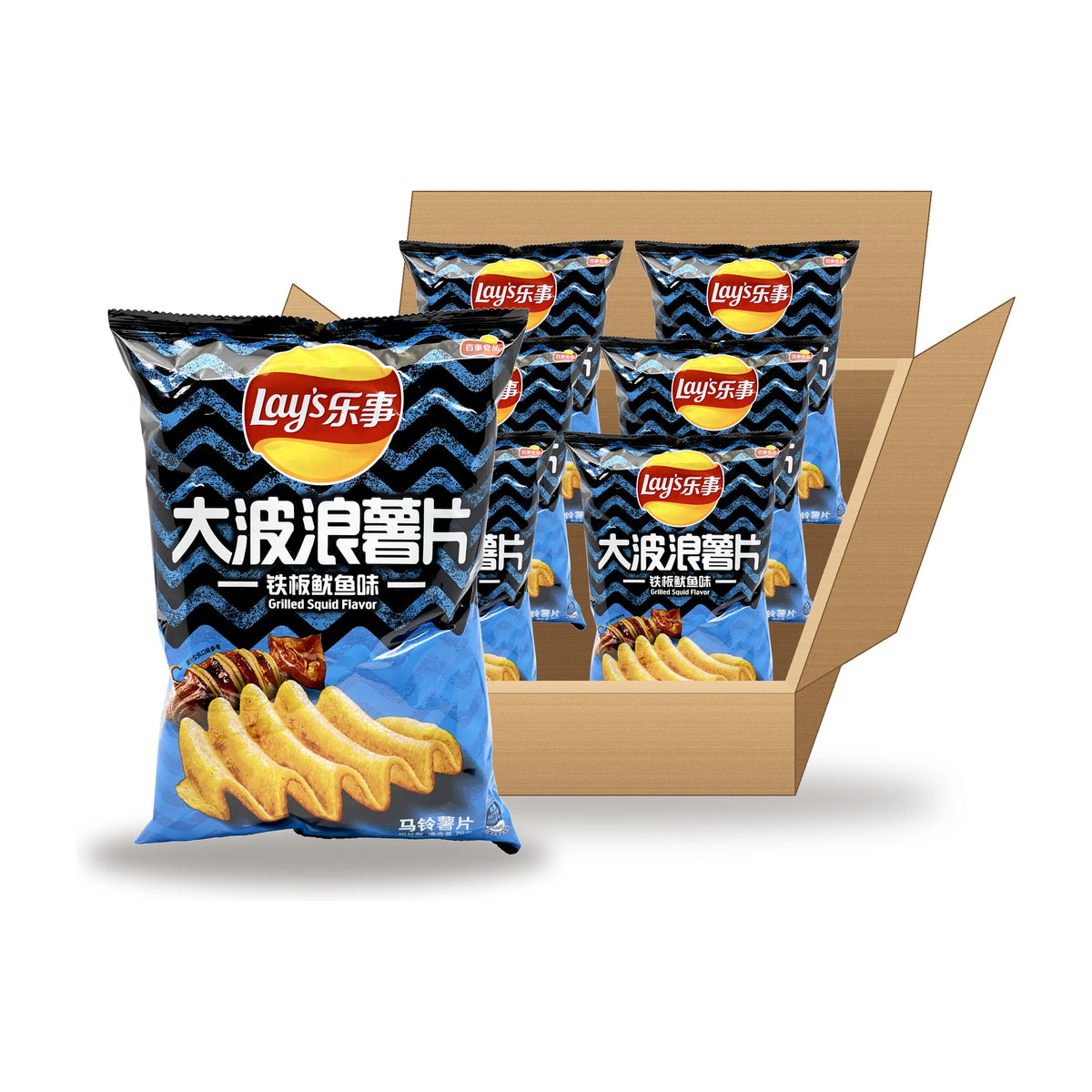 Lay's Wavy Grilled Squid 70 g Case: one bag in front of an open case