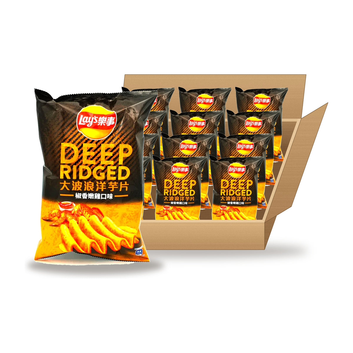 Lay's Wavy Pepper Chicken 30.5 g Case: one bag in front of an open case