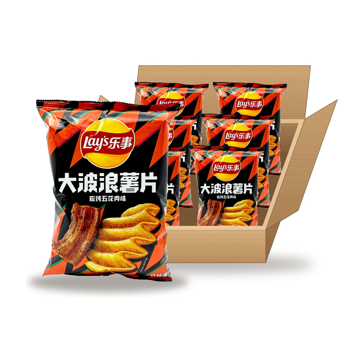 Lay's Wavy Smoked Pork Belly 70 g Case: one bag in front of an open case