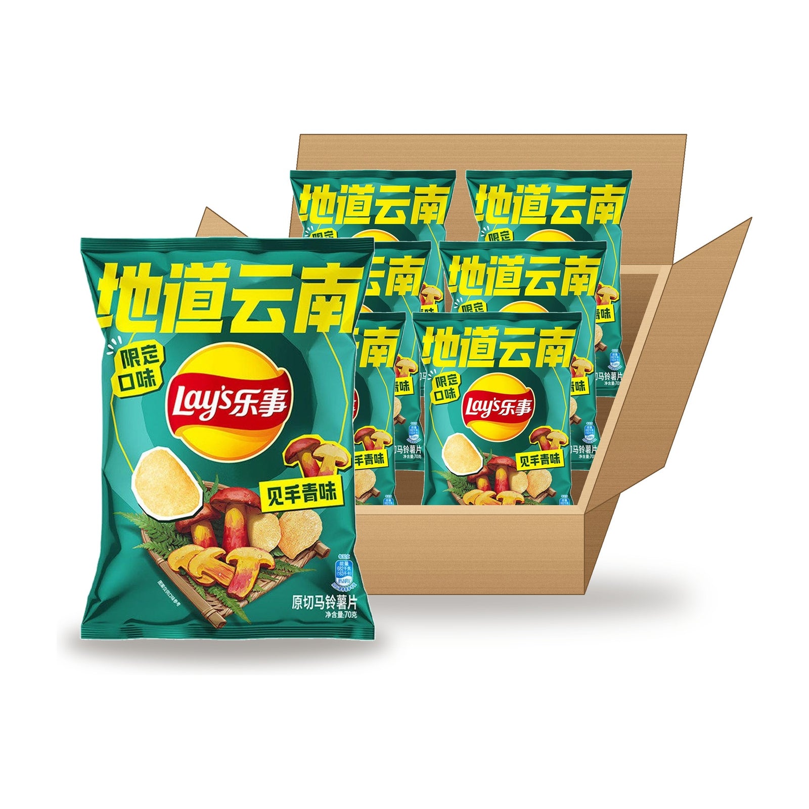 Lay's Wild Porcini Mushroom 70 g Case: one bag in front of an open case