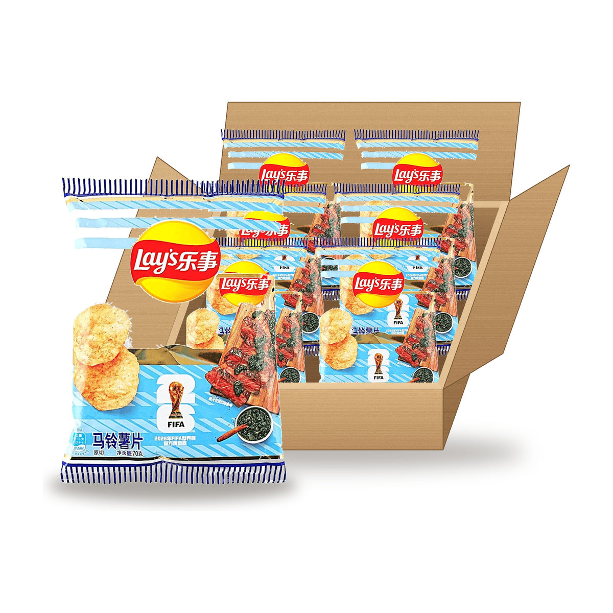 Lay's World Cup Unlimited Argentina Chimichurri Asado 70 g Case: one bag in front of an open case