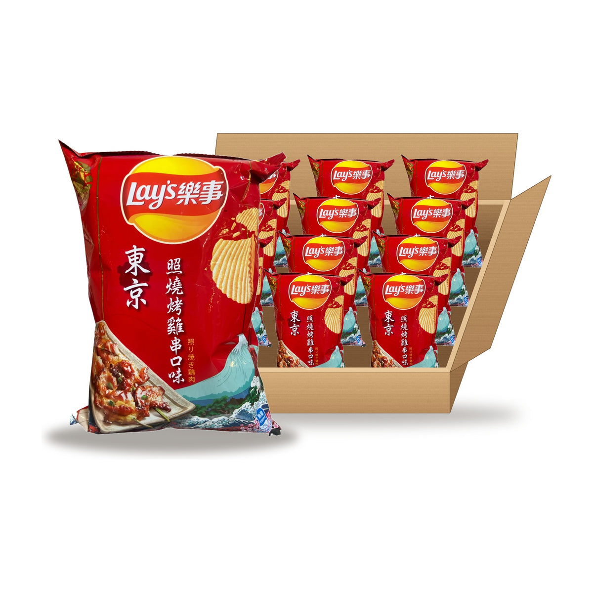 Lay's Yakitori Grilled Chicken 34 g Case: one bag in front of an open case