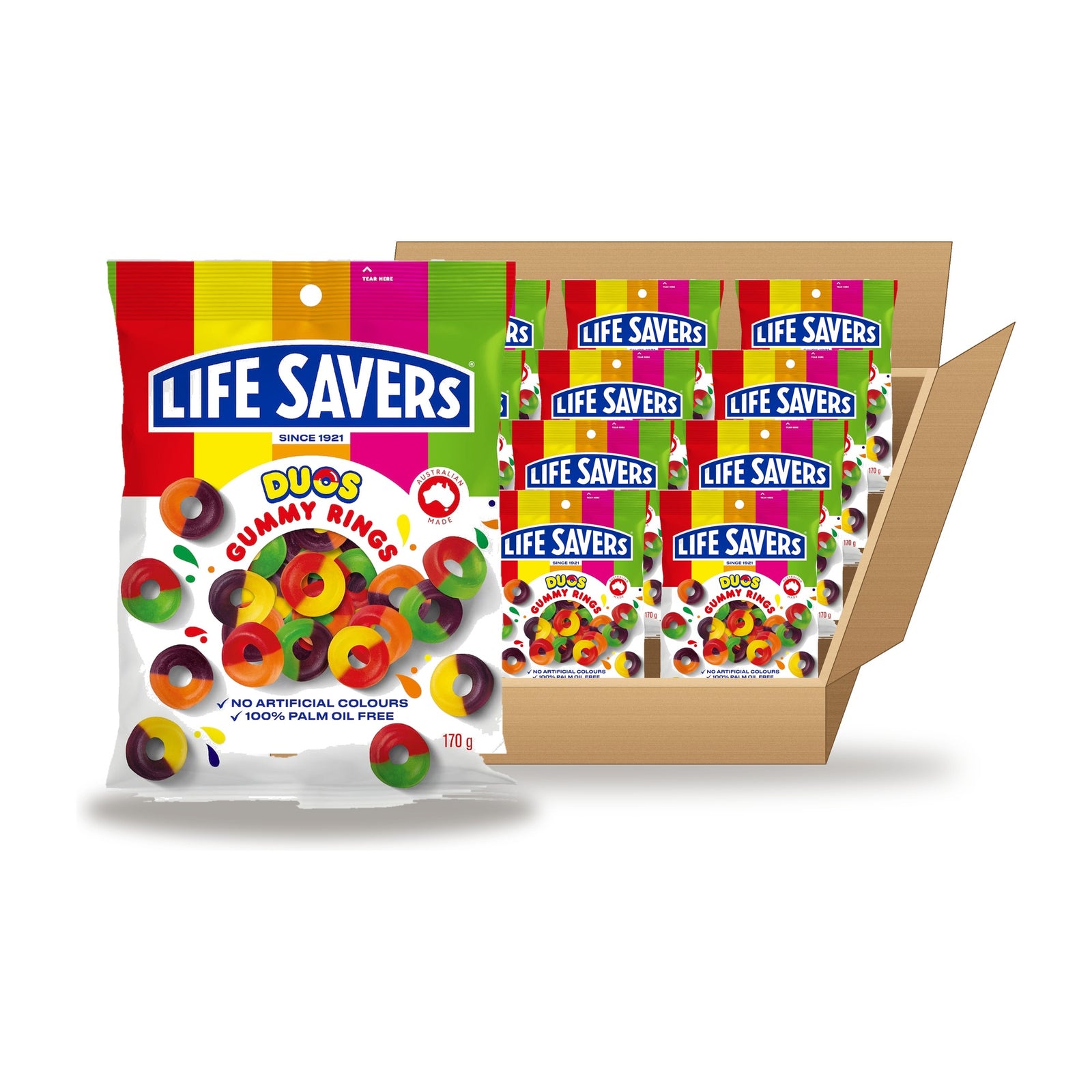 Life Savers Duos Gummy Rings 170 g Case: one bag in front of an open case