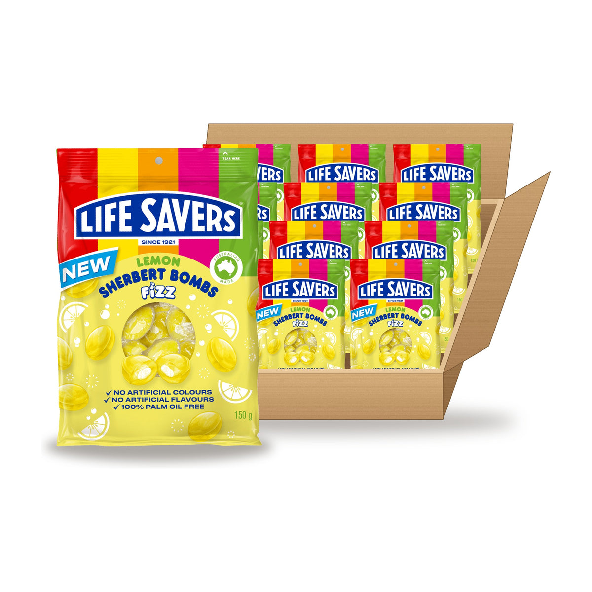 Life Savers Lemon Sherbert Bombs Fizz 150 g Case: one bag in front of an open case